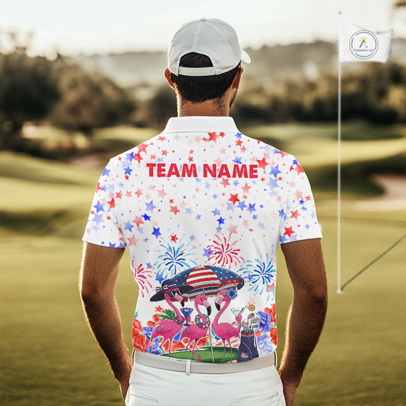 Male golfer wearing patriotic flamingo golf polo during championship tournament, moisture-wicking golf apparel representing leadership, freedom, confidence and national pride