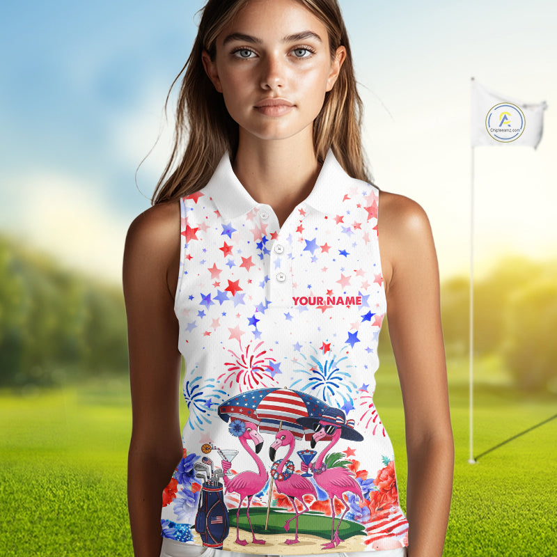 American Flag Womens Golf Sleeveless Polo Shirts Custom Patriotic Pink Flamingo White Golf Tournament Shirts NYN3768