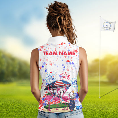 American Flag Womens Golf Sleeveless Polo Shirts Custom Patriotic Pink Flamingo White Golf Tournament Shirts NYN3768