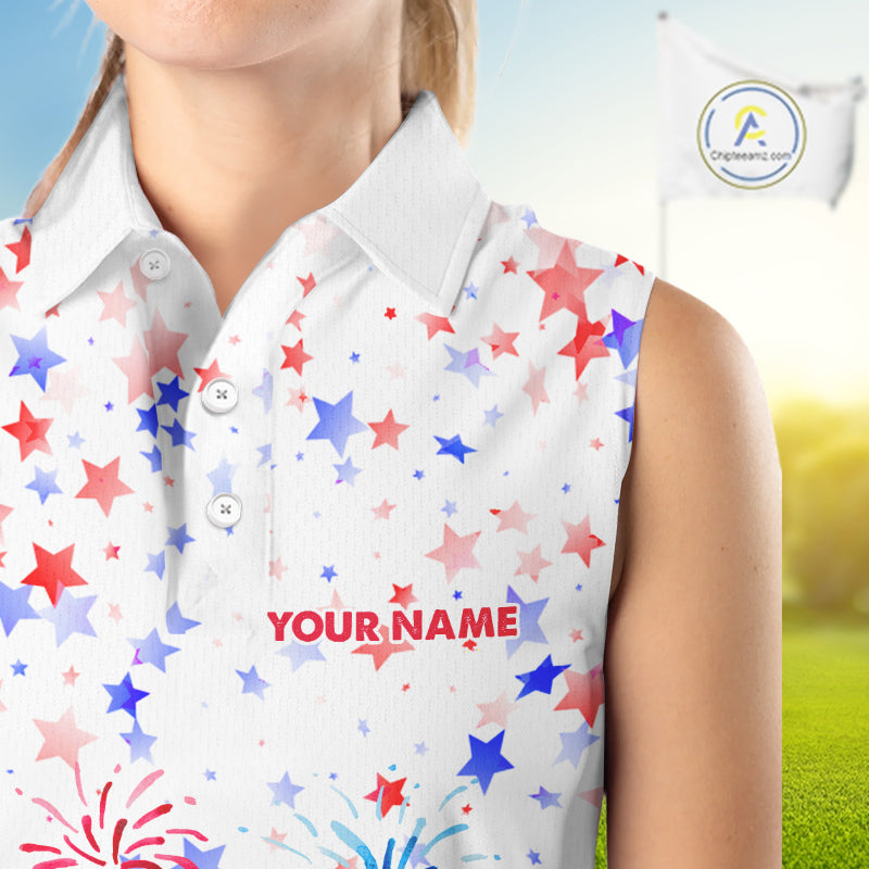 American Flag Womens Golf Sleeveless Polo Shirts Custom Patriotic Pink Flamingo White Golf Tournament Shirts NYN3768