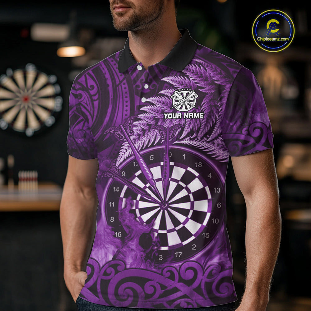 Personalized Fern Leaves Purple Fire Tribal Dart Polo Shirts For Men Dart Team Jerseys NYN2191