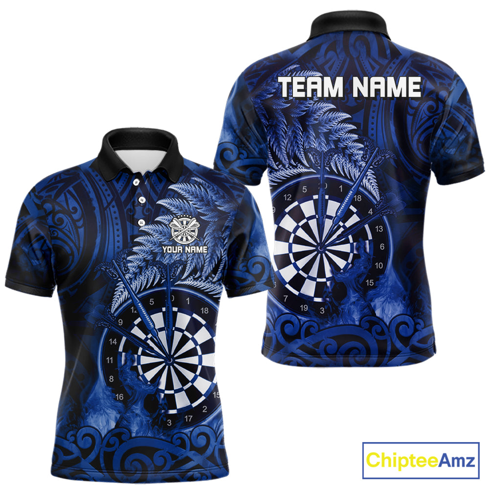 Personalized Fern Leaves Blue Fire Tribal Dart Polo Shirts For Men Dart Team Jerseys NYN2193