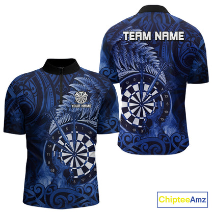 Personalized Fern Leaves Blue Fire Tribal Dart Quarter-Zip Shirts For Men Dart Team Jerseys NYN2193