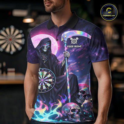 Galaxy Holographic Grim Reaper Dartboard Skull Dart Polo Shirts For Men Custom Name For Dart Players NYN2686