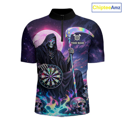 Galaxy Holographic Grim Reaper Dartboard Skull Dart 1/4-Zip Shirts For Men Custom Name For Dart Players NYN2686