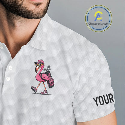 Camouflage Mens Golf Polo Shirt Custom Pink Funny Flamingo Pattern White Golf Team Shirts NYN2835