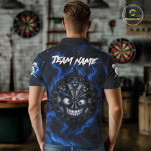 Load image into Gallery viewer, Man wearing funny smile dartboard blue smoke dart shirt tournament apparel