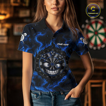 Load image into Gallery viewer, Woman wearing funny smile dartboard blue smoke dart shirt tournament apparel