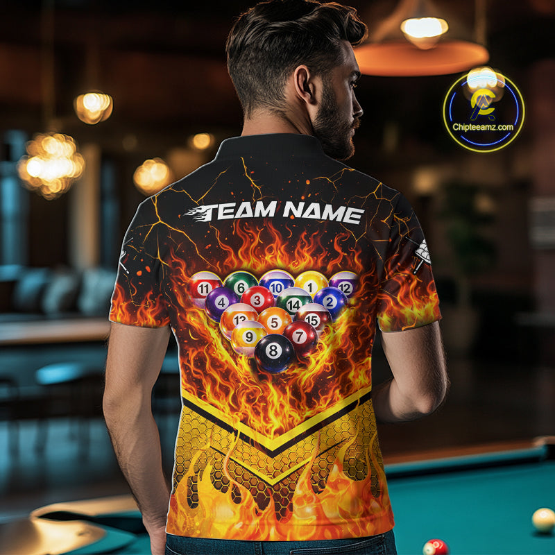 Yellow Flames Hexagon Pool Ball Set Billiards Shirt For Men Personalized Pool Balls 8 Billiard Attire NYN2690