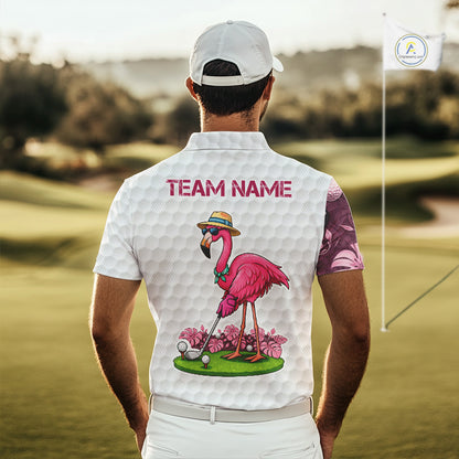 Funny Flamingo Mens Golf Polo Shirt Custom Pink And Purple Monstera Pattern White Golf Shirts NYN2841