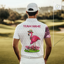 Load image into Gallery viewer, Funny Flamingo Mens Golf Polo Shirt Custom Pink And Purple Monstera Pattern White Golf Shirts NYN2841