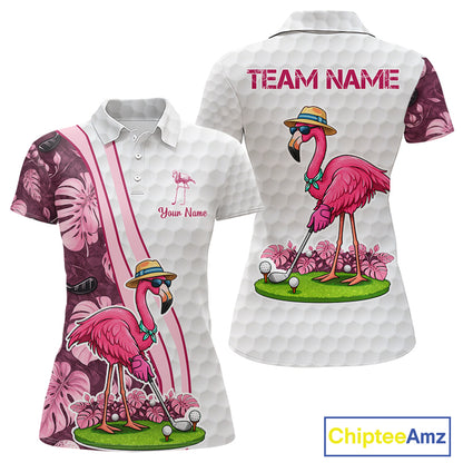 Funny Flamingo Womens Golf Polo Shirt Custom Pink And Purple Monstera Pattern White Golf Shirts NYN2841