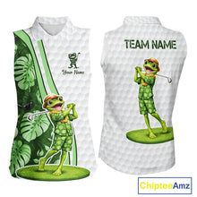 Load image into Gallery viewer, Funny Frog Golf Sleeveless Polo Shirt Custom Green Monstera Pattern White Golf Attire For Women NYN2842