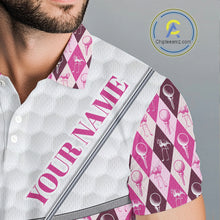 Load image into Gallery viewer, Mens Golf Polo Shirts Custom Pink Argyle And Flamingo Plaid Pattern Golf Attire For Men NYN2843