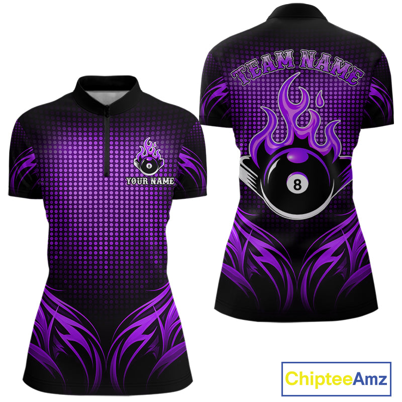 Custom Purple Flaming 8 Ball Billiard Shirts For Women Billiard League Billiard Team Shirts NYN2848