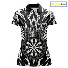 Load image into Gallery viewer, Black and White Tribal Crown Dartboard women's dart polo shirt personalized dart team uniform, dart league jersey, custom name dart shirt