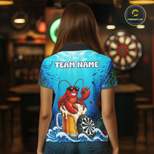 Load image into Gallery viewer, Female dart player wearing Lobster Beer dart team jersey at dart league event