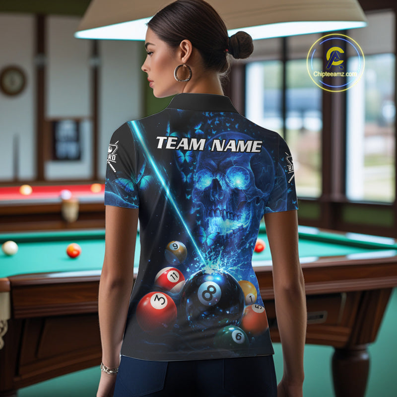Blue Skull Thunder Pool 8 Ball Women's Billiard Polo & 1/4-Zip Shirt Custom Billiards Team Apparel NYN2491