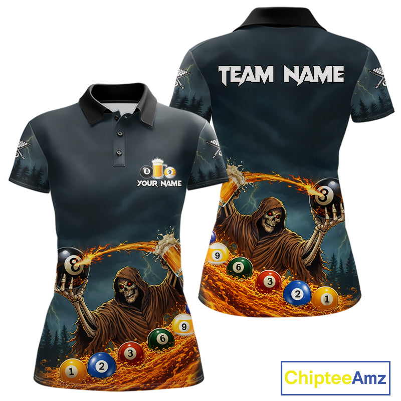 Funny Grim Reaper Play Beer & Pool 8 Ball Women's Billiard Team Shirt Custom Billiard Attire NYN2492