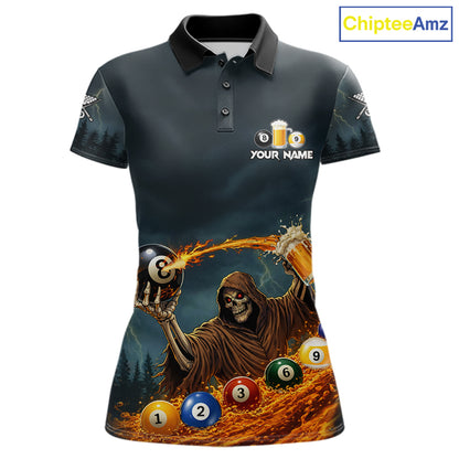 Funny Grim Reaper Play Beer & Pool 8 Ball Women's Billiard Team Shirt Custom Billiard Attire NYN2492