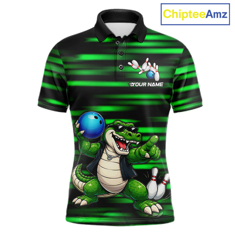 Funny Crocodile Bowling Jersey For Men Personalized Green Strike Lightning Team Bowling Attire NYN3228