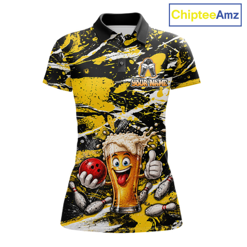 Yellow, White And Black Splatter Funny Beer Bowling Shirt For Women Custom Outfit Bowling Jersey NYN3235