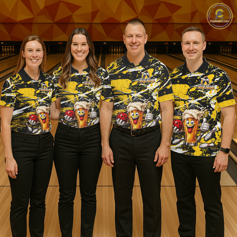 Yellow, White And Black Splatter Funny Beer Bowling Shirt For Men Custom Outfit Bowling Jersey NYN3235