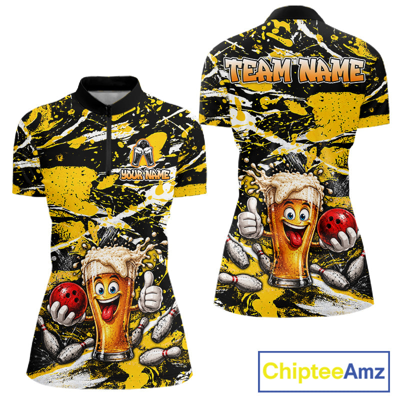 Yellow, White And Black Splatter Funny Beer Bowling Shirt For Women Custom Outfit Bowling Jersey NYN3235