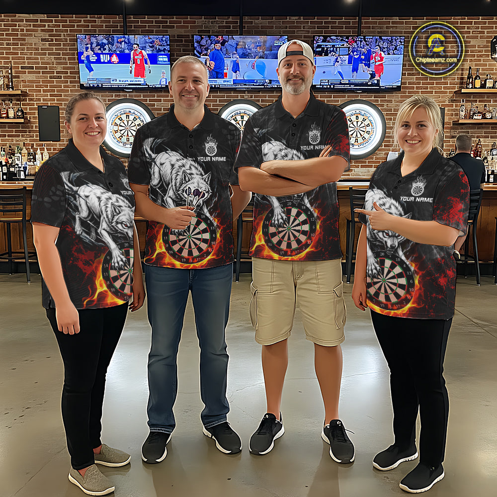 Fire Flame Funny Wolf Darts Polo & 1/4 Zip For Men Personalized Grunge Dart Team Shirts | Red NYN3236