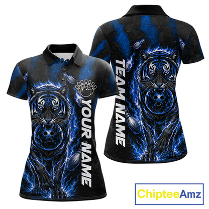 Fire Flame Tiger Blue Claws women's bowling polo shirt custom bowling team jersey, personalized bowling apparel