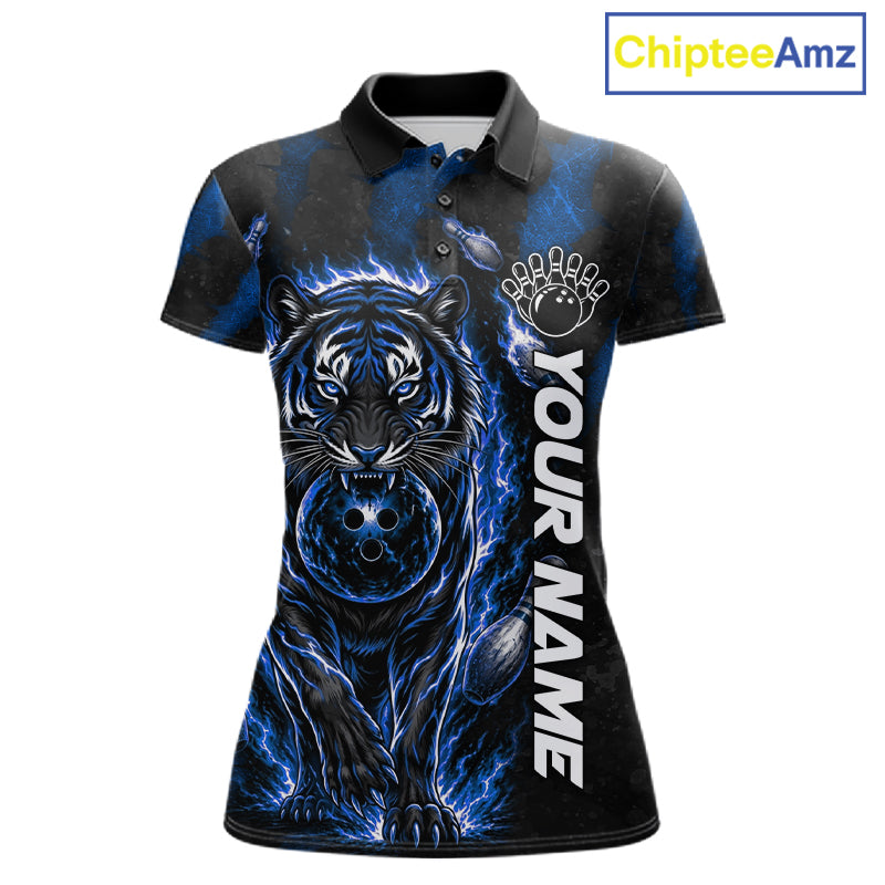 Fire Flame Tiger Blue Claws women's bowling polo shirt custom bowling team jersey, personalized bowling apparel