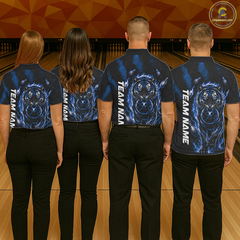 Men women bowling team wearing Fire Flame Tiger Blue Claws bowling uniforms and custom team jerseys