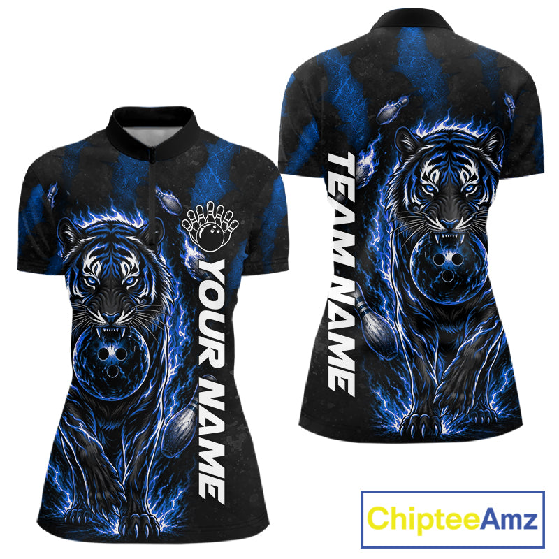 Fire Flame Tiger Blue Claws women's quarter zip bowling shirt custom team bowling uniform