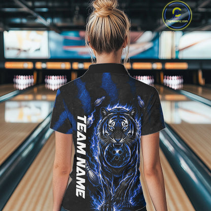Female bowler wearing Fire Flame Tiger Blue Claws bowling jersey in competitive bowling tournament