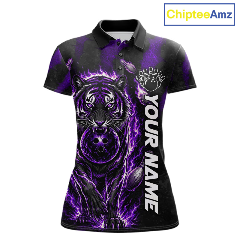 Fire Flame Tiger Purple Claws women's bowling polo shirt custom bowling team uniform, personalized bowling jersey
