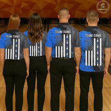 Load image into Gallery viewer, Men women bowling team wearing Black Grey Blue Grunge patriotic bowling uniforms, professional bowling team jerseys