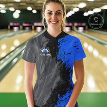 Load image into Gallery viewer, Female bowler wearing Black Grey Blue Grunge US Flag bowling jersey during league and tournament competition