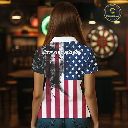 Personalized American Flag Black Splatter Dart Polo Shirts For Women Custom Dart Team Jerseys NYN2711