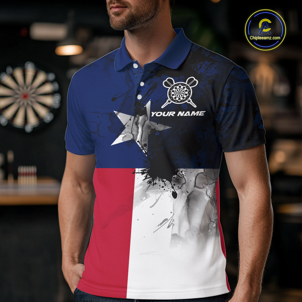 Personalized Texas Flag Black Splatter Dart Polo Shirts For Men Custom Dart Team Jerseys NYN2712
