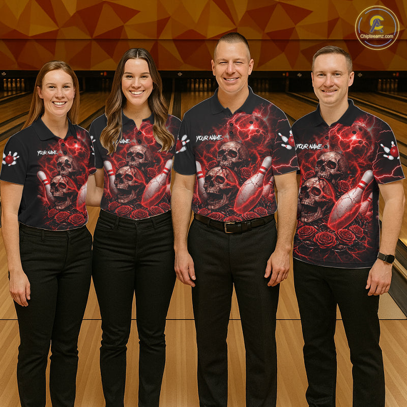 Red Strike Lightning Bowling Custom Team Shirts For Women, Skull Roses Outfit Bowling Team Jersey NYN3071