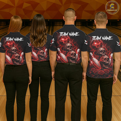 Red Strike Lightning Bowling Custom Team Shirts For Women, Skull Roses Outfit Bowling Team Jersey NYN3071