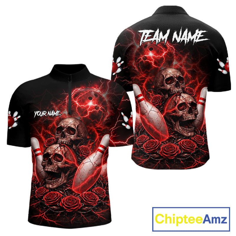 Red Strike Lightning Bowling Custom Team Shirts For Men, Skull Roses Outfit Bowling Team Jersey NYN3071