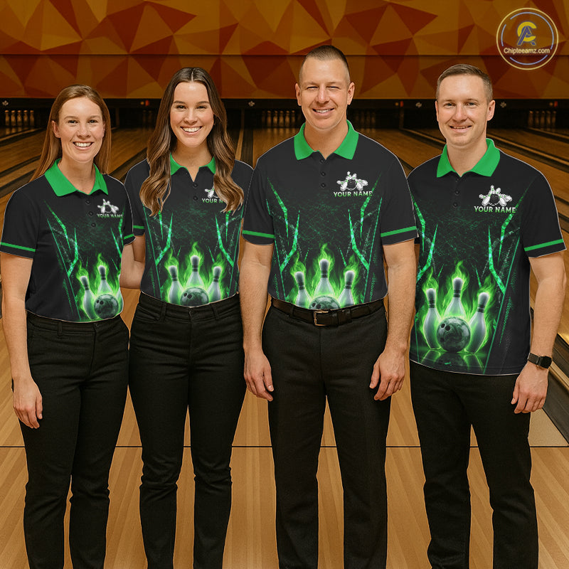 Custom Green Flaming Womens Bowling Jerseys Personalized Bowling Team Shirts For Bowlers NYN3075