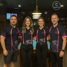 Load image into Gallery viewer, Men women billiard team wearing Black Red Thunder Lightning custom pool uniforms, professional billiards jerseys