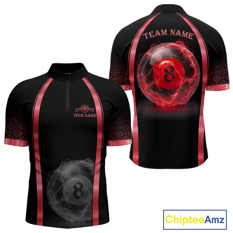 Black Red Thunder Lightning men's quarter zip billiard shirt custom 8 ball pool uniform, APA league jersey