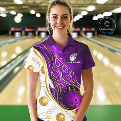 Female bowler posing in Gold & Purple Flames bowling jersey representing ambition, confidence, luxury, success, victory, competitive mindset, personalized bowling apparel.