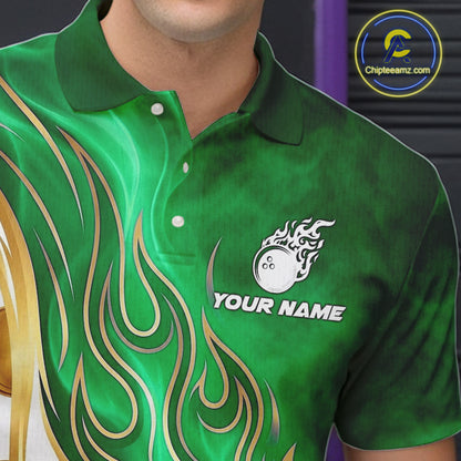 Male bowler wearing Gold & Green Flames bowling shirt featuring confidence, ambition, championship spirit, custom league apparel, performance sportswear.