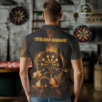 Custom Skeleton Yellow Flames Dartboard Dart Men Polo Jerseys Lightning Dart Team Shirt NYN1694