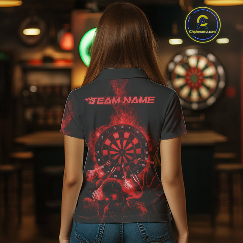 Custom Skeleton Red Flames Dartboard Dart Women Polo Jerseys Lightning Dart Team Shirt NYN1695