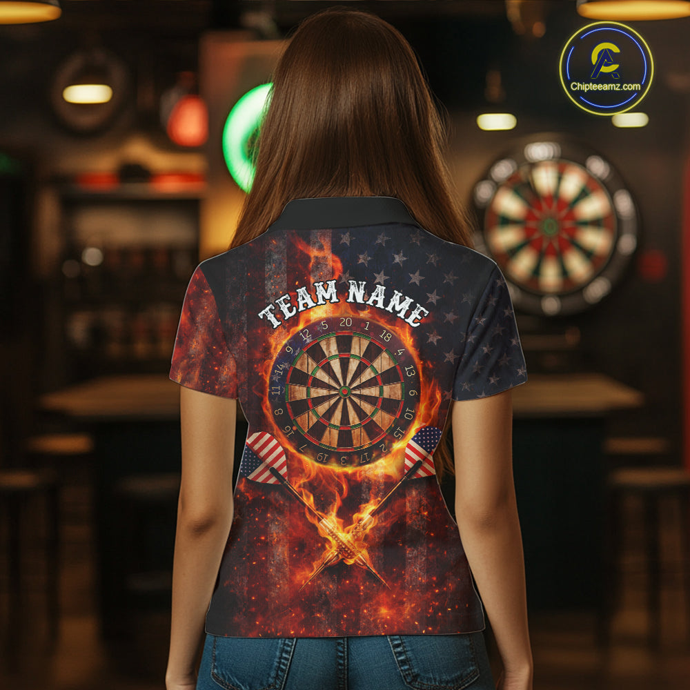 Personalized Womens Dart Polo & Quarter Zip Shirt Fire Flame US Flag Darts Jersey Skull Dart Attire NYN2866